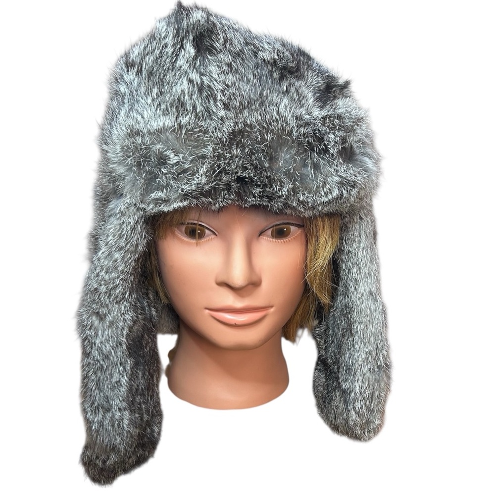 Vintage Real Rabbit‎ Fur Trapper Hat Ushanka Style Size 58 Warm Winter Cap